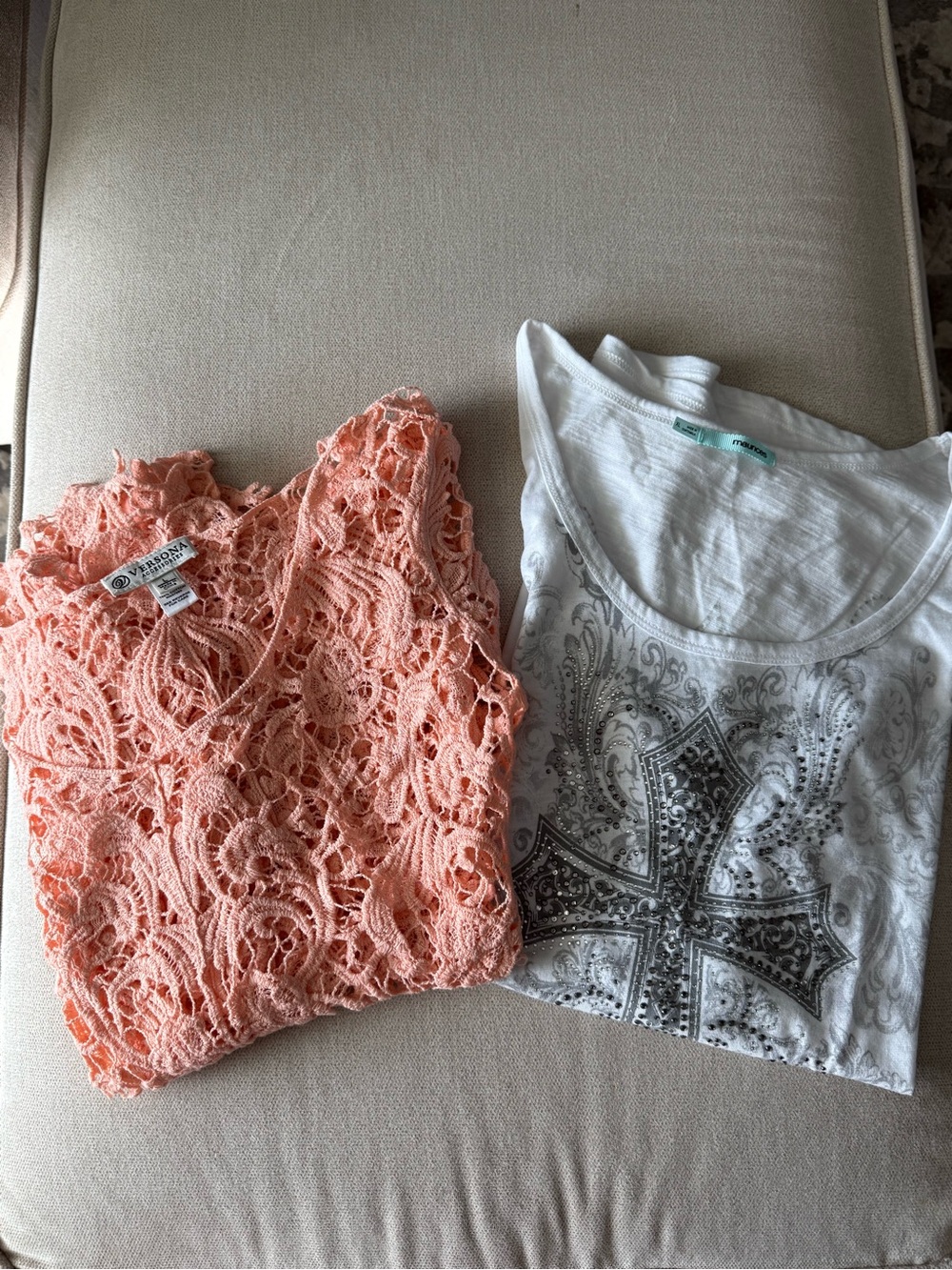 Peach Crochet Lace top, cross rhinestone tank